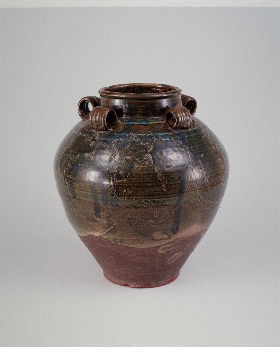 時代 二川焼 ☆ 二彩唐津 松文 大壺 ☆ 存在感があり勢い