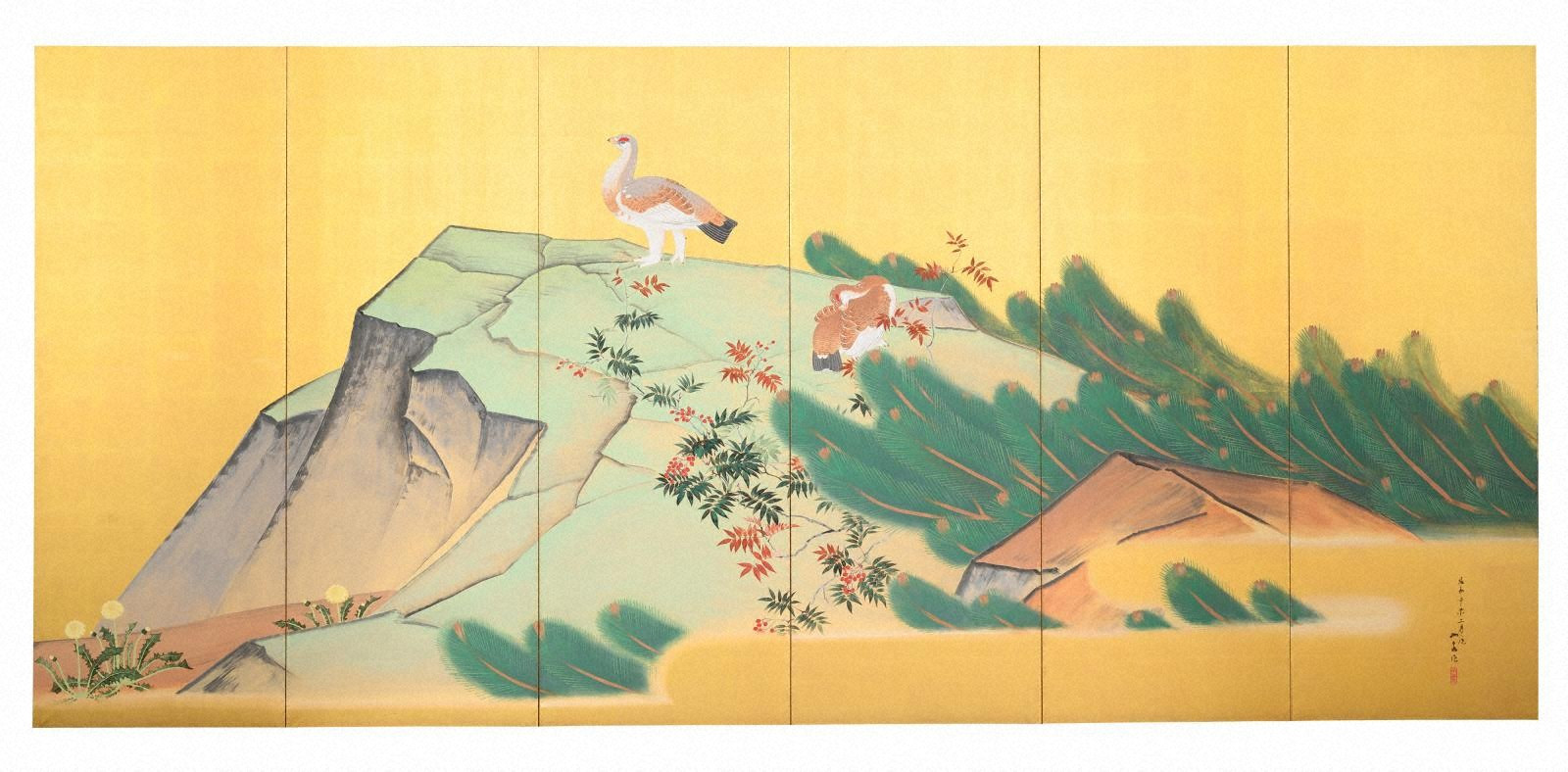 室町期朱塗金蒔絵風景人物図文庫 春景白山雷鳥図屏風（絵画） - 金沢ミュージアムプラス